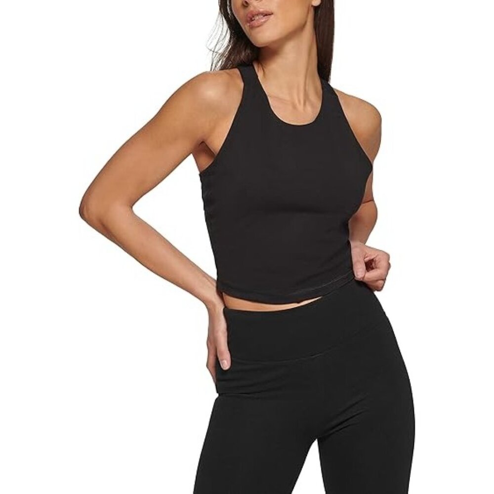 DKNY Sport Cropped Tank Top Metallic Logo DP2T8526 Women's Black Size X Large